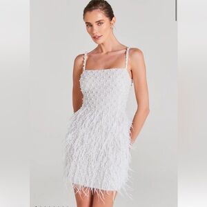 Pearl and Feather Embellished Mini White Bridal Dress